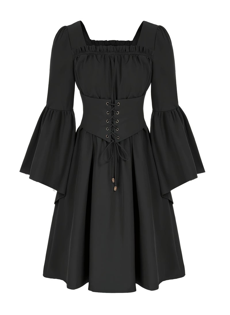 KUYING New Women's European and American Medieval Foreign Trade Splicing Flying Sleeves Elastic Back Big Swing Skirt Dress  - Image 3