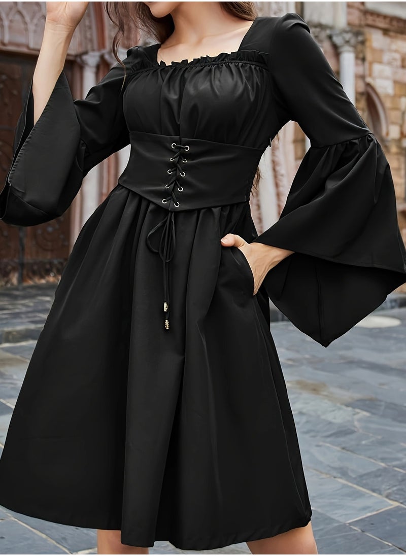 KUYING New Women's European and American Medieval Foreign Trade Splicing Flying Sleeves Elastic Back Big Swing Skirt Dress  - Image 2