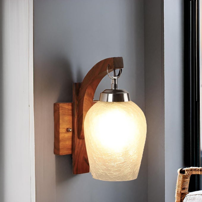 WOODEN WALL LIGHT SCONCE LAMP WITH GLASS SHADE FOR BEDROOM LIVING ROOM DINING RESTAURANTS COFFEE SHOP BALCONY HOME OFFICE DECOR J04 FROSTED GLASS WITHOUT BULB