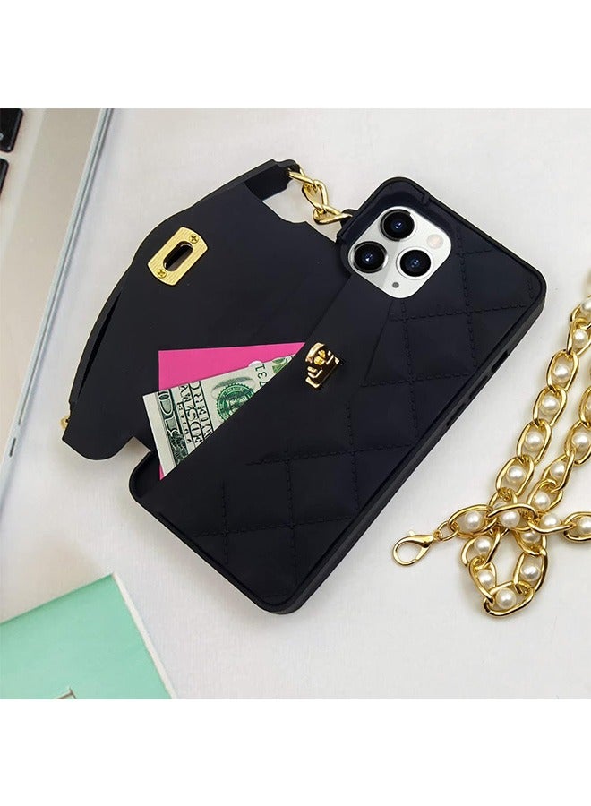 Case for iPhone 14 Pro Max Handbag Case with Card Holder Wrist Lanyard Shoulder Strap, Soft Silicone Cover Wallet Case for Women, Luxury Stylish Long Pearl Crossbody Chain Case for iPhone 14 Pro Max  - Image 2