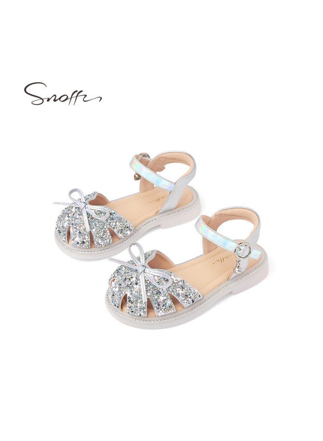Snoffy Children's Sandals, Girls' Princess Shoes, Summer Fashion, Comfortable And Shiny Crystal Shoes, Colorful European Style, Silver, Size 25 - Image 2
