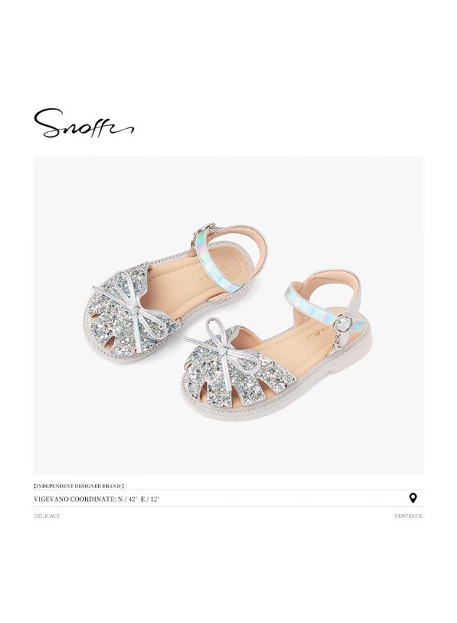 Snoffy Children's Sandals, Girls' Princess Shoes, Summer Fashion, Comfortable And Shiny Crystal Shoes, Colorful European Style, Silver, Size 25 - Image 1