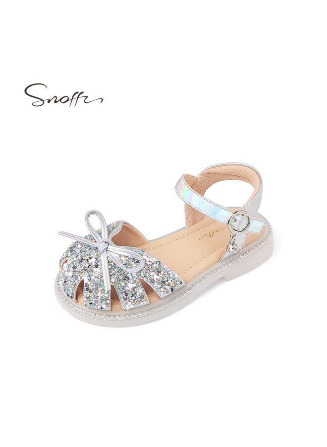 Snoffy Children's Sandals, Girls' Princess Shoes, Summer Fashion, Comfortable And Shiny Crystal Shoes, Colorful European Style, Silver, Size 25 - Image 4