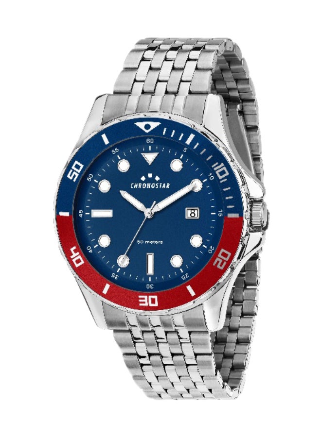 Chronostar Men's Blue Round Analog Dial with Silver Stainless Steel Band Watch - 43mm - R3753318002 - Image 1