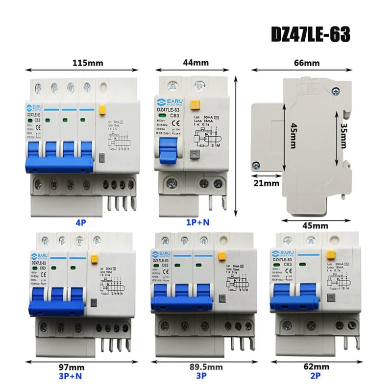 DZ47LE 63 125 RCBO Leakage Protector 2P 20A AC400V Overload Protection Circuit Breaker - Image 3