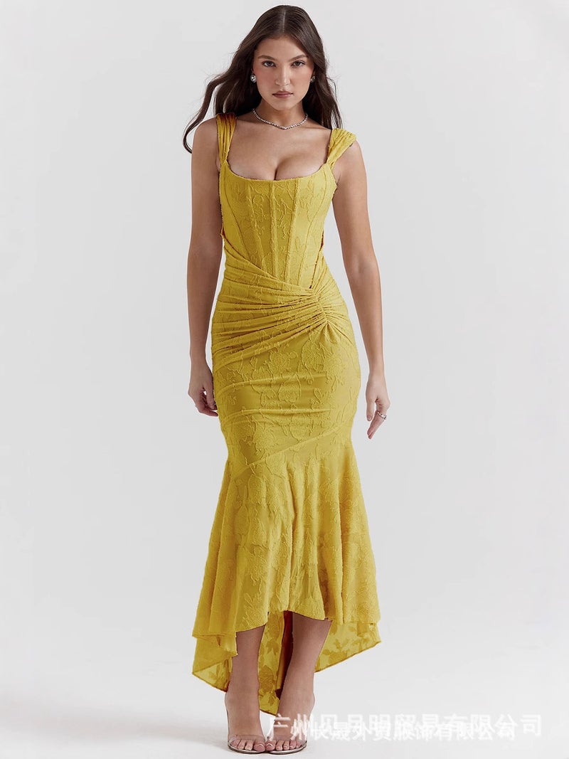 Autumn New Square Neck Elastic Mesh Jacquard Pleated Sleeveless Mermaid Strap Long Dress - Image 1