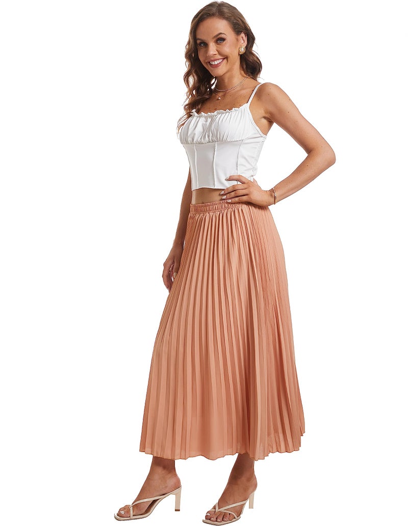 TEERFU Womens Elastic High Waist Long Pleated Skirt Tiered Boho Swing A line Beach Maxi Skirt Dark Pink - Image 2