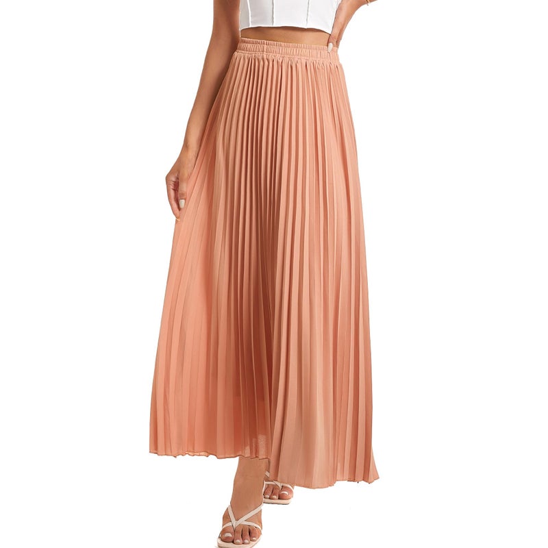 TEERFU Womens Elastic High Waist Long Pleated Skirt Tiered Boho Swing A line Beach Maxi Skirt Dark Pink - Image 1