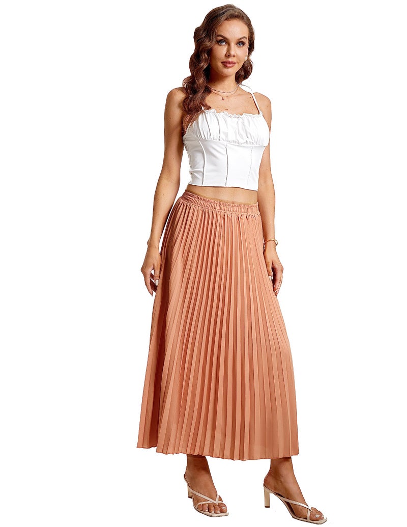 TEERFU Womens Elastic High Waist Long Pleated Skirt Tiered Boho Swing A line Beach Maxi Skirt Dark Pink - Image 4