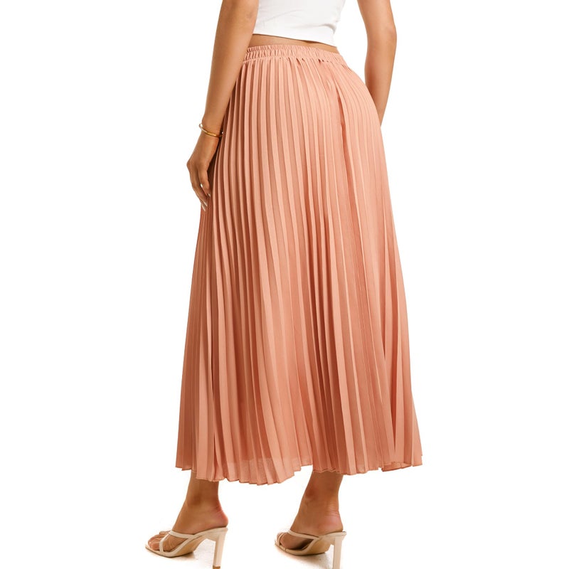 TEERFU Womens Elastic High Waist Long Pleated Skirt Tiered Boho Swing A line Beach Maxi Skirt Dark Pink - Image 5
