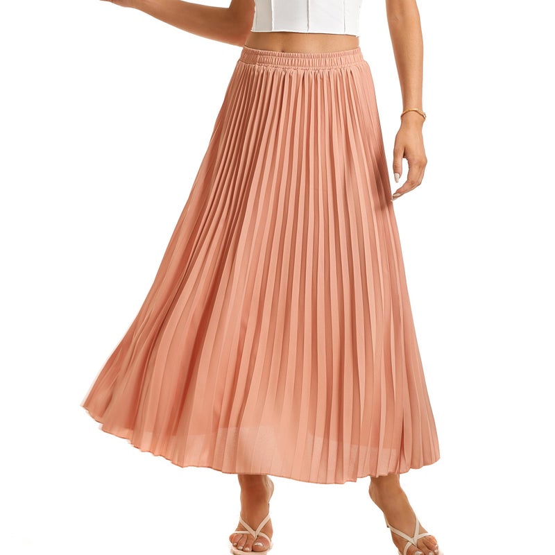 TEERFU Womens Elastic High Waist Long Pleated Skirt Tiered Boho Swing A line Beach Maxi Skirt Dark Pink - Image 3