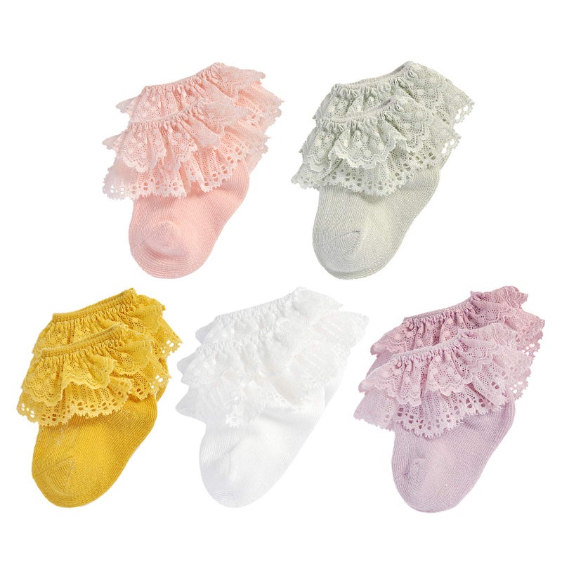 EPEIUS EPEIUS Baby Socks Infant Baby Girl Eyelet Frilly Lace Socks Ruffle Double Lace Dressy Socks with Box 612 Months5 Pair PackWhitePinkLight GreenVioletMustard