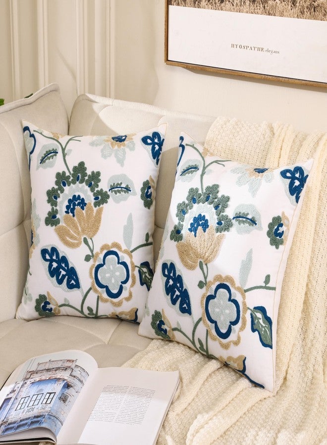 LUOYEHK Embroidered Decorative Throw Pillow Covers 18x18 Inch Pack of 2 Spring Farmhouse Floral Square Pillowcase Canvas Cushion Cover for Couch Sofa Bed Living Room（Blue Dragon Flower） - Image 2