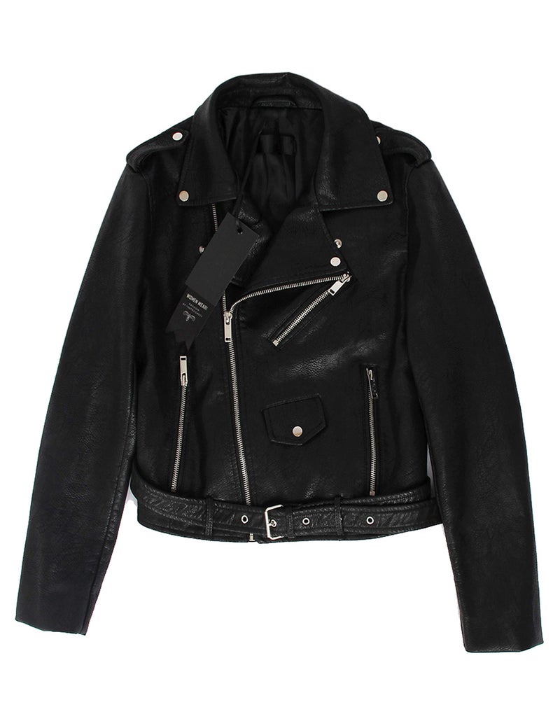 Jhichic Women's Faux Leather Textured Short Moto Jacket Zip-up Slim PU Biker Coat with Pockets (Black, XXL) - Image 5