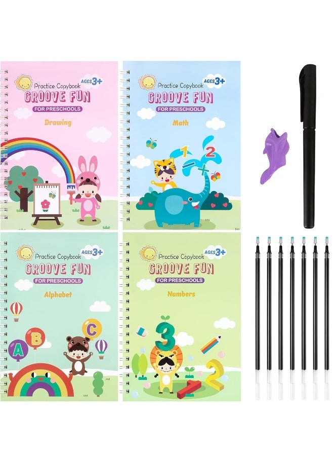 4pcs Magic Practice Copybooks for Kids, Grooved Writing Books for Kids w/Pen, Reusable Copybook Calligraphy Beginners Set, Learn to Write Handwriting Practice Book Magical Tracing Workbook - Image 1