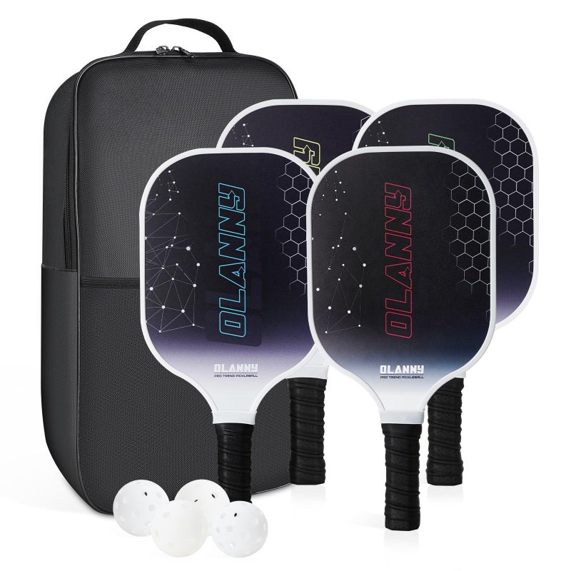 OLANNY Pickleball Paddles - Premium Rackets Face & Polymer Honeycomb Core Includes 4 Pickleball Paddles+ 2 Indoor Balls+ 2 Outdoor Balls+ 1 Portable Carry Bag - Image 1