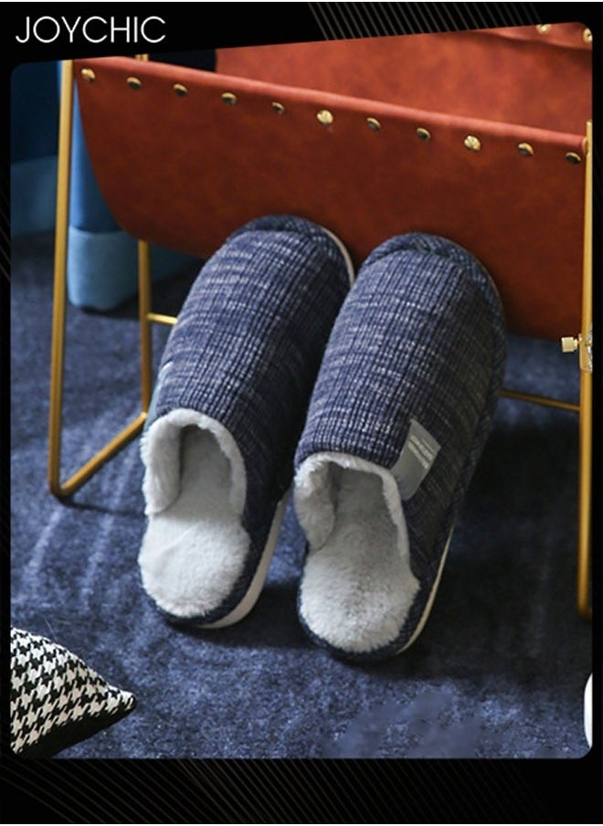 Joychic - Men's Autumn and Winter Cotton Breathable Home Indoor Slippers Soft Sole Thickened Plush Warm Bedroom Slippers Dark Blue - Image 1