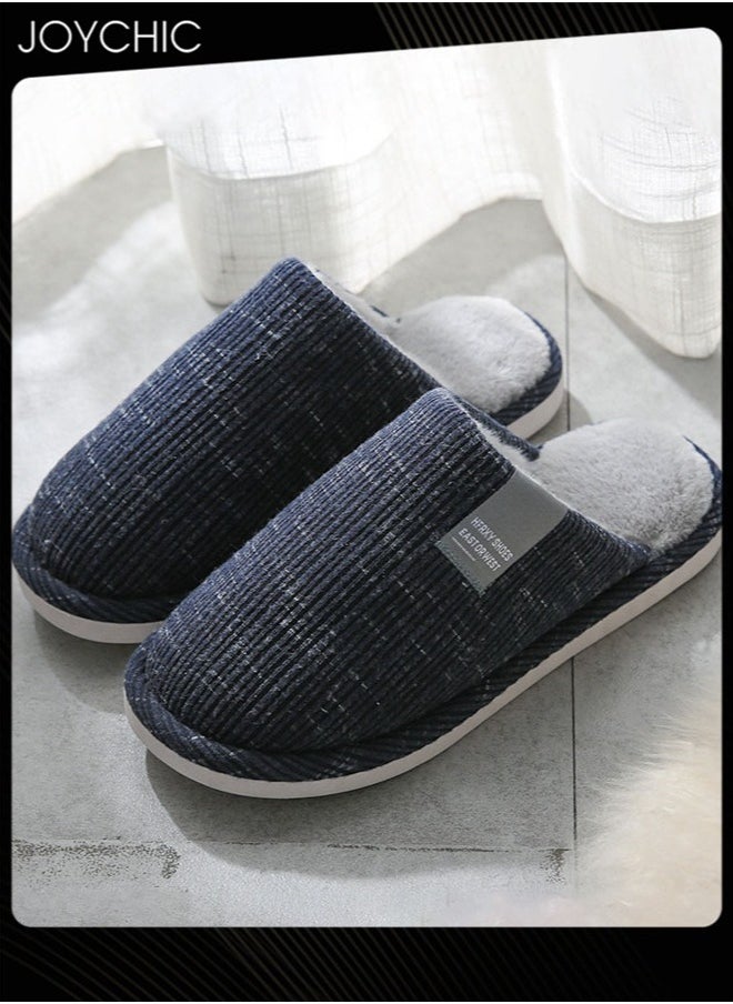 Joychic - Men's Autumn and Winter Cotton Breathable Home Indoor Slippers Soft Sole Thickened Plush Warm Bedroom Slippers Dark Blue - Image 1