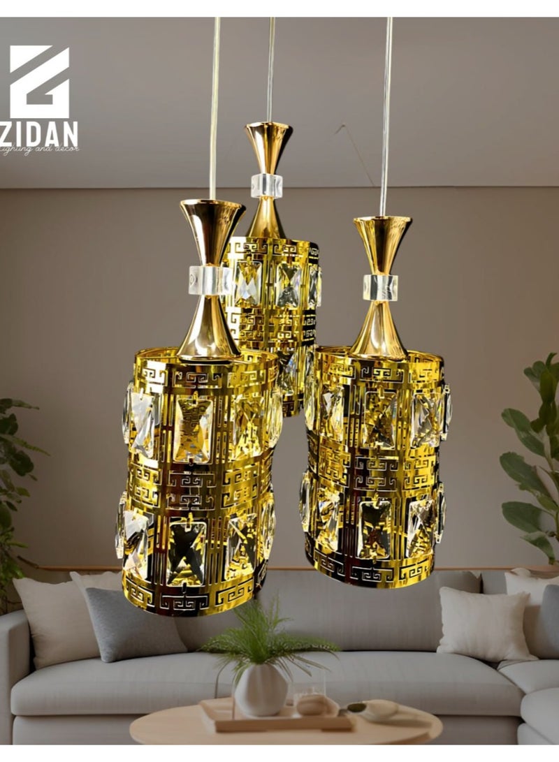 Modern triple pendant, crystal, gold color, 3 bulbs, from Zidane Center Code 106