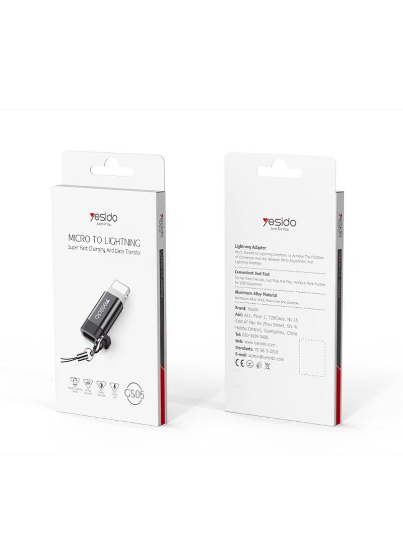 Yesido - GS05 Connector Adapter Micro To Lightning Aluminum Alloy TPE Anti-lost Lanyard Mini OTG Adapter Charging Transmission Black - Image 1