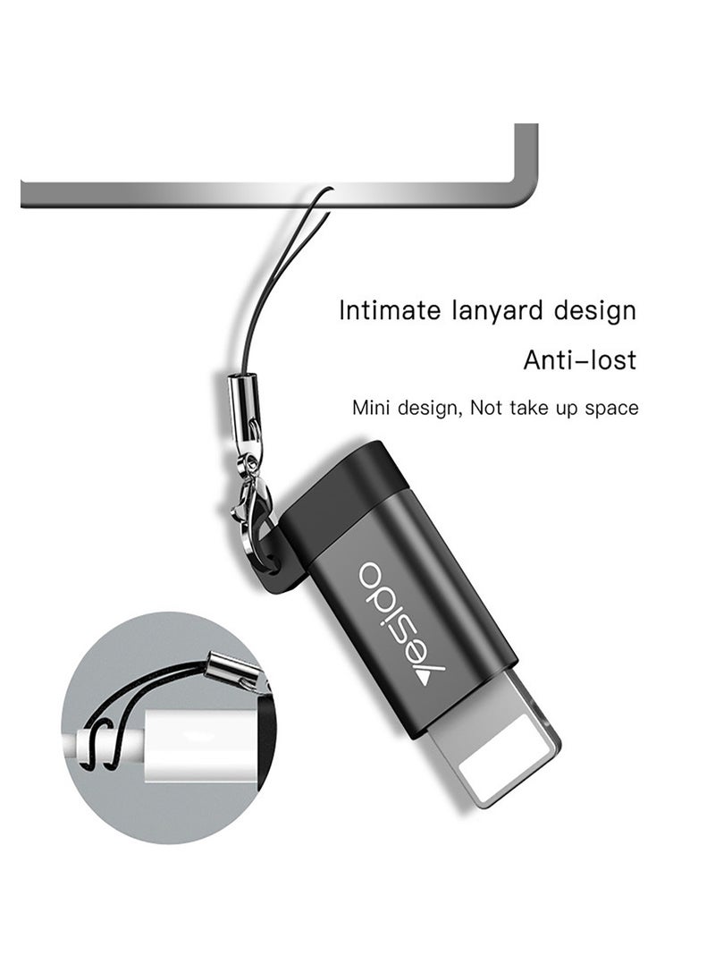 Yesido - GS05 Connector Adapter Micro To Lightning Aluminum Alloy TPE Anti-lost Lanyard Mini OTG Adapter Charging Transmission Black - Image 1