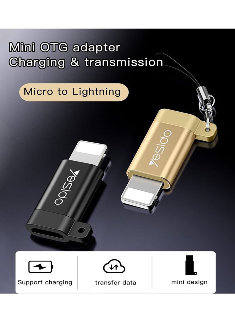 Yesido - GS05 Connector Adapter Micro To Lightning Aluminum Alloy TPE Anti-lost Lanyard Mini OTG Adapter Charging Transmission Black - Image 1