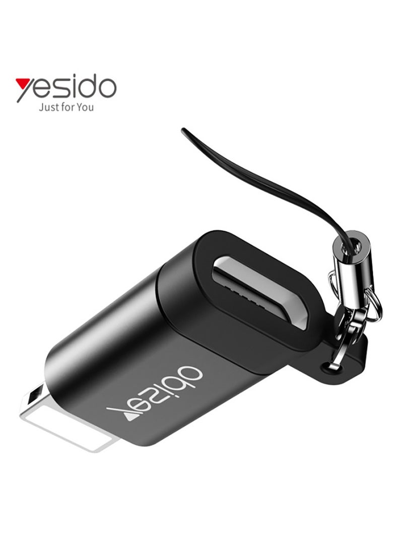 Yesido - GS05 Connector Adapter Micro To Lightning Aluminum Alloy TPE Anti-lost Lanyard Mini OTG Adapter Charging Transmission Black - Image 1