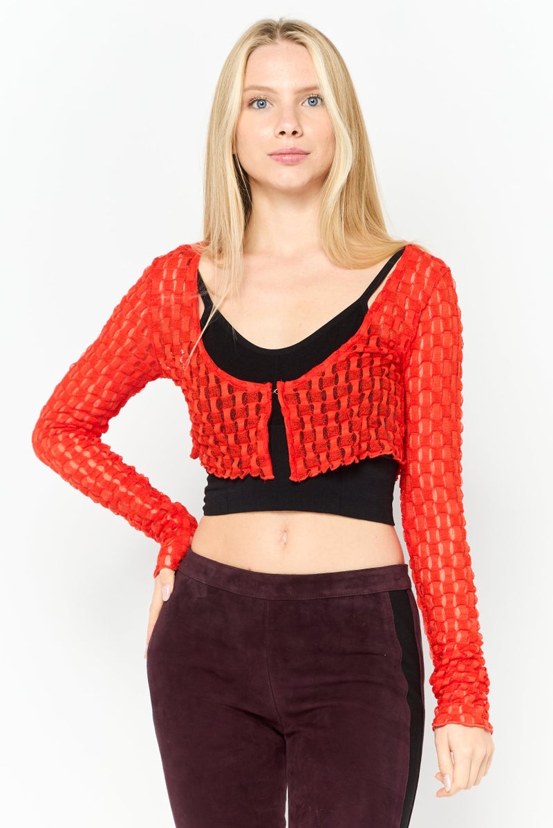 Asos Design Women Scoop Neck Long Sleeve Textured Crop Cardigan, Red - Image 1