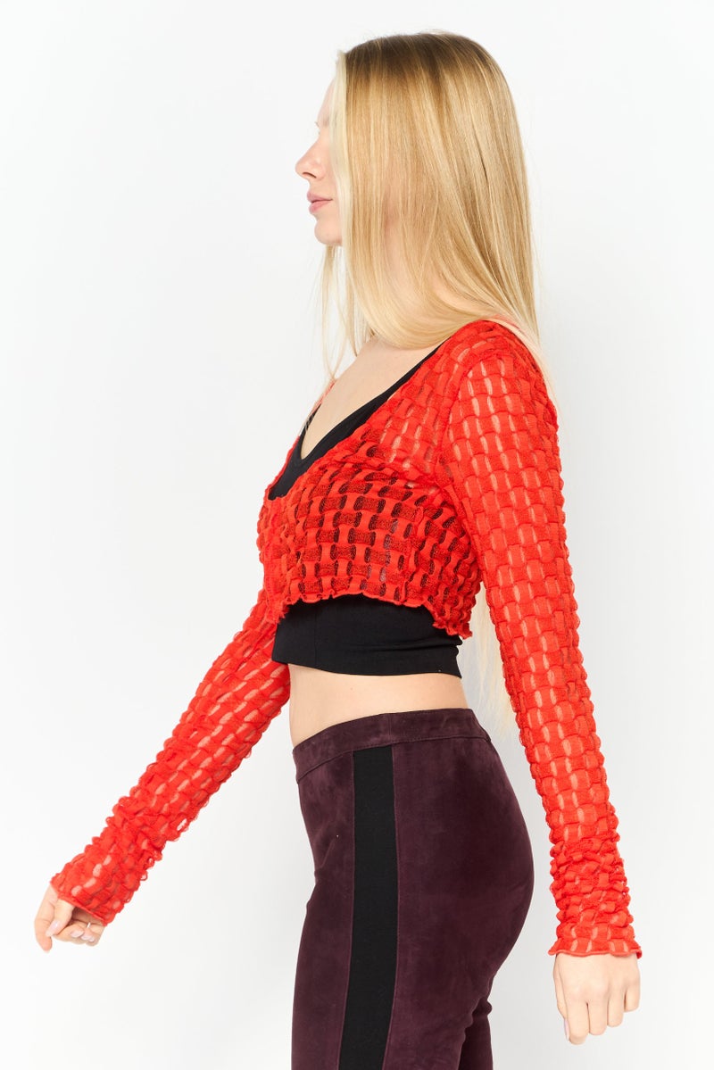 Asos Design Women Scoop Neck Long Sleeve Textured Crop Cardigan, Red - Image 4