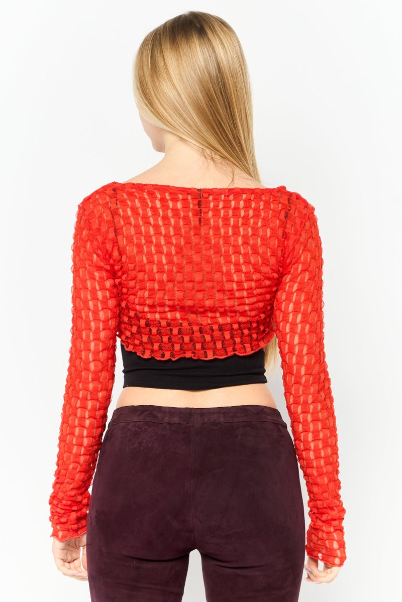 Asos Design Women Scoop Neck Long Sleeve Textured Crop Cardigan, Red - Image 3