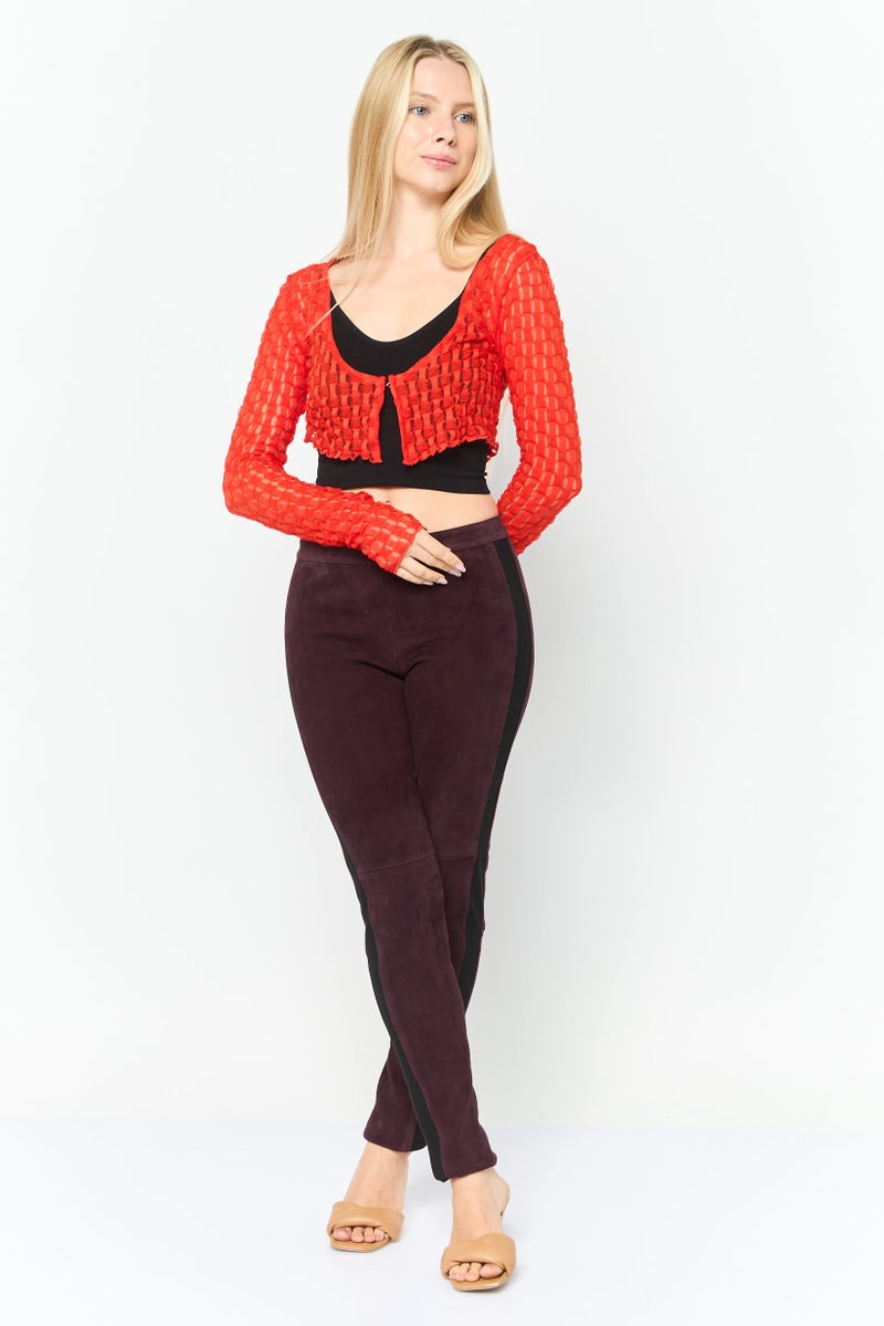 Asos Design Women Scoop Neck Long Sleeve Textured Crop Cardigan, Red - Image 2