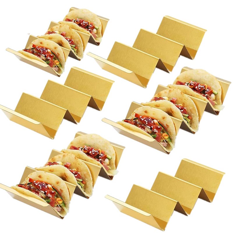 Ceiteo Gold Taco Holder Stand with Handles for Party Set of 6 Stainless Steel Taco Tray Rack Holds Up to 3 Tacos Each Stackable storage Dishwasher Oven safe 