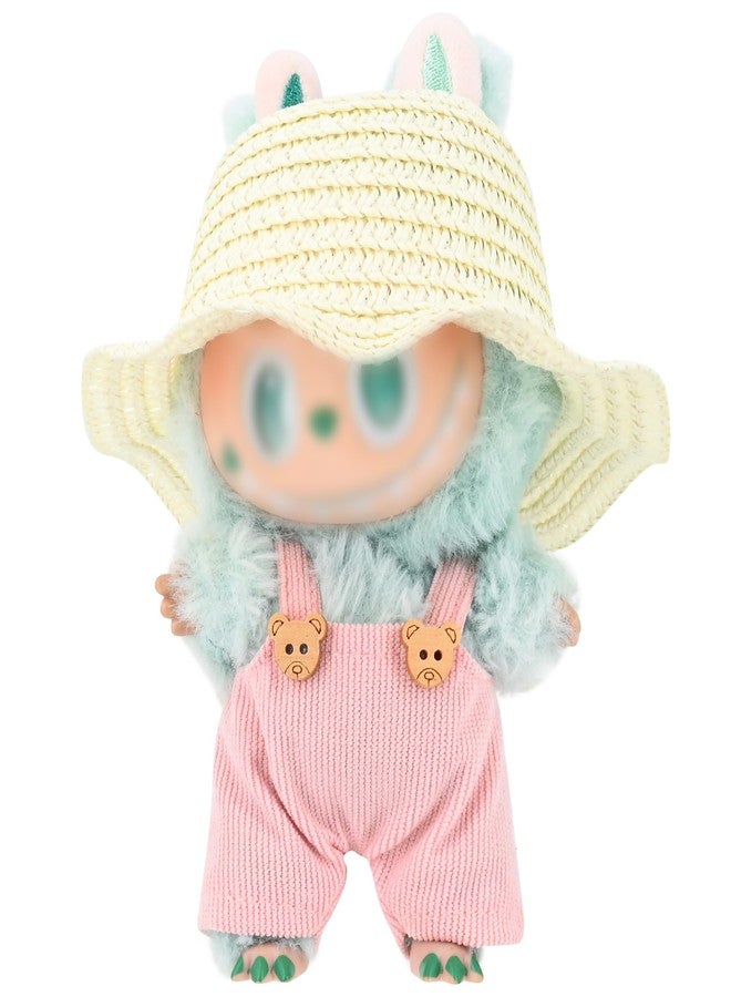 Evowatt 2-Piece Clothing Set for Labubu 17cm Doll Clothing - 17cm Outfit with White Straw Hat & Corduroy Overalls _Pink(Doll Not Included) - Image 1