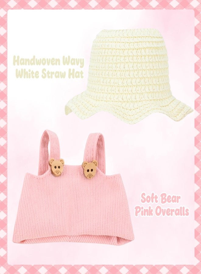 Evowatt 2-Piece Clothing Set for Labubu 17cm Doll Clothing - 17cm Outfit with White Straw Hat & Corduroy Overalls _Pink(Doll Not Included) - Image 2