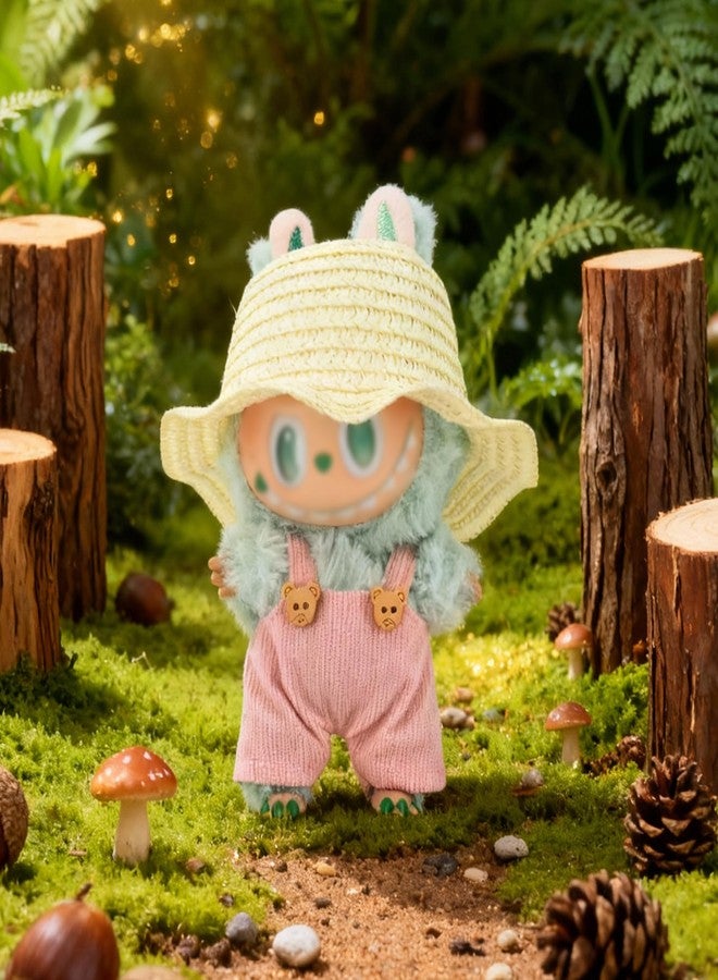 Evowatt 2-Piece Clothing Set for Labubu 17cm Doll Clothing - 17cm Outfit with White Straw Hat & Corduroy Overalls _Pink(Doll Not Included) - Image 3