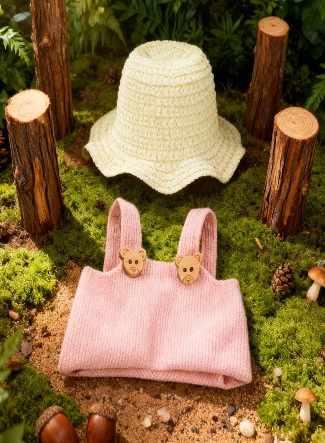 Evowatt 2-Piece Clothing Set for Labubu 17cm Doll Clothing - 17cm Outfit with White Straw Hat & Corduroy Overalls _Pink(Doll Not Included) - Image 4