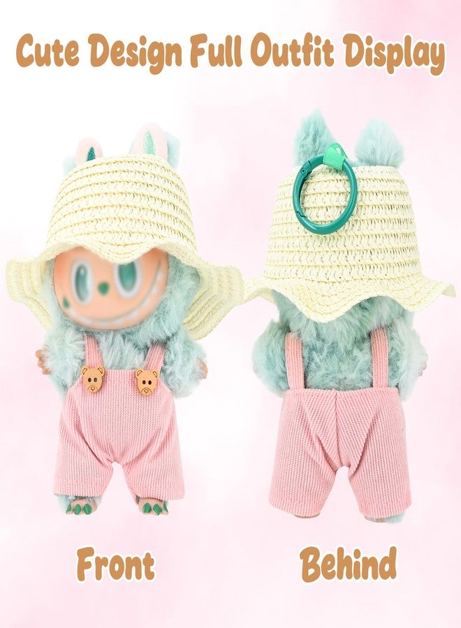 Evowatt 2-Piece Clothing Set for Labubu 17cm Doll Clothing - 17cm Outfit with White Straw Hat & Corduroy Overalls _Pink(Doll Not Included) - Image 5