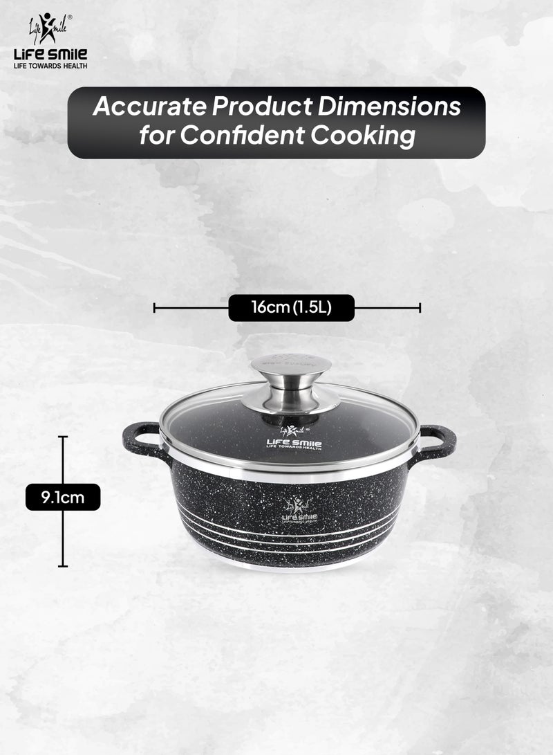 Life Smile 16cm (1.5 Liter) LIFE SMILE Non-Stick Cooking Pot | Aluminum Soup Pot With Glass Lid | 100% PFOA Free, Fixed Handle | Multi Layer Non-Stick Granite Coating | Oven safe Cookwares - Image 3