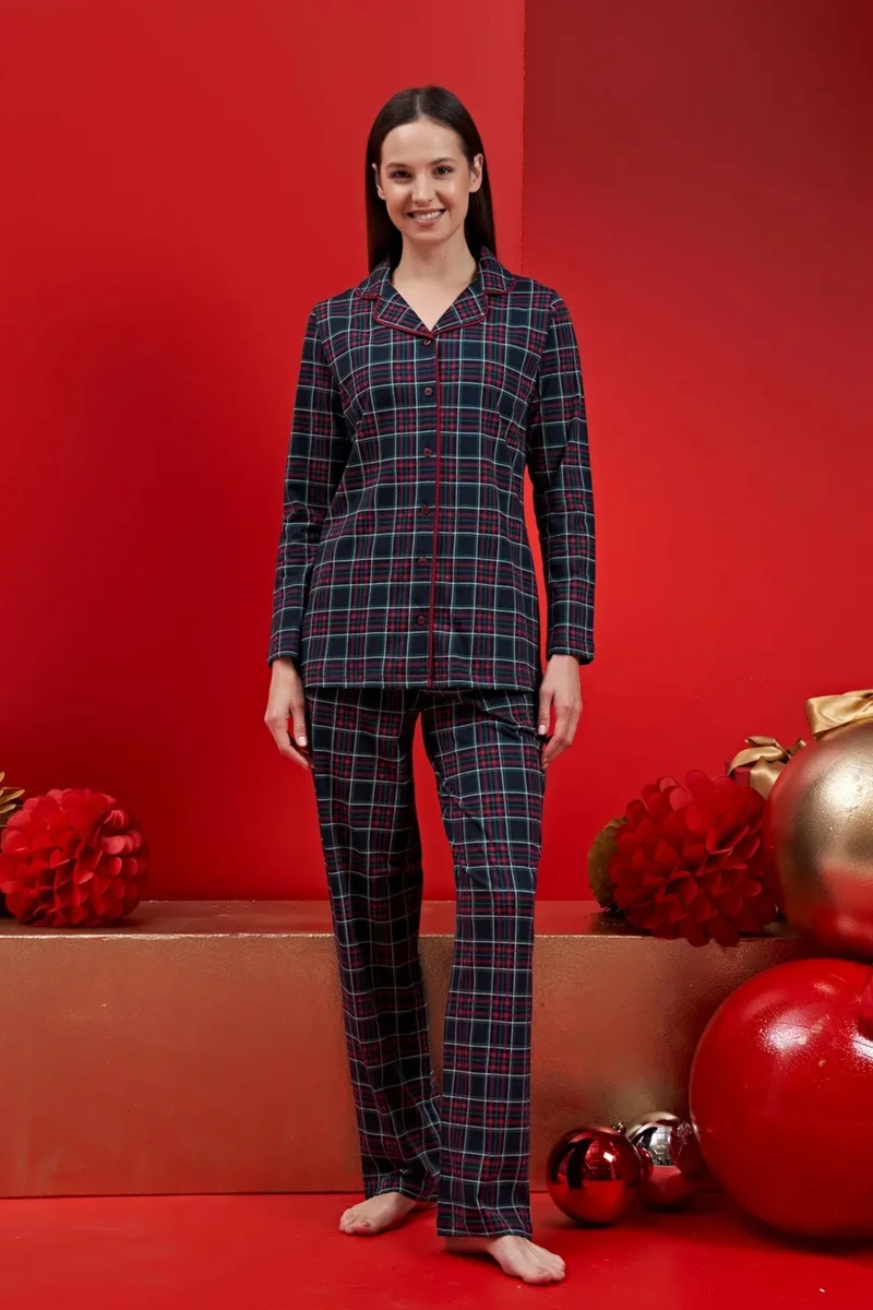 ريمسا Women's Square Patterned Raised Cotton Pajama Set 1612 Navy Blue