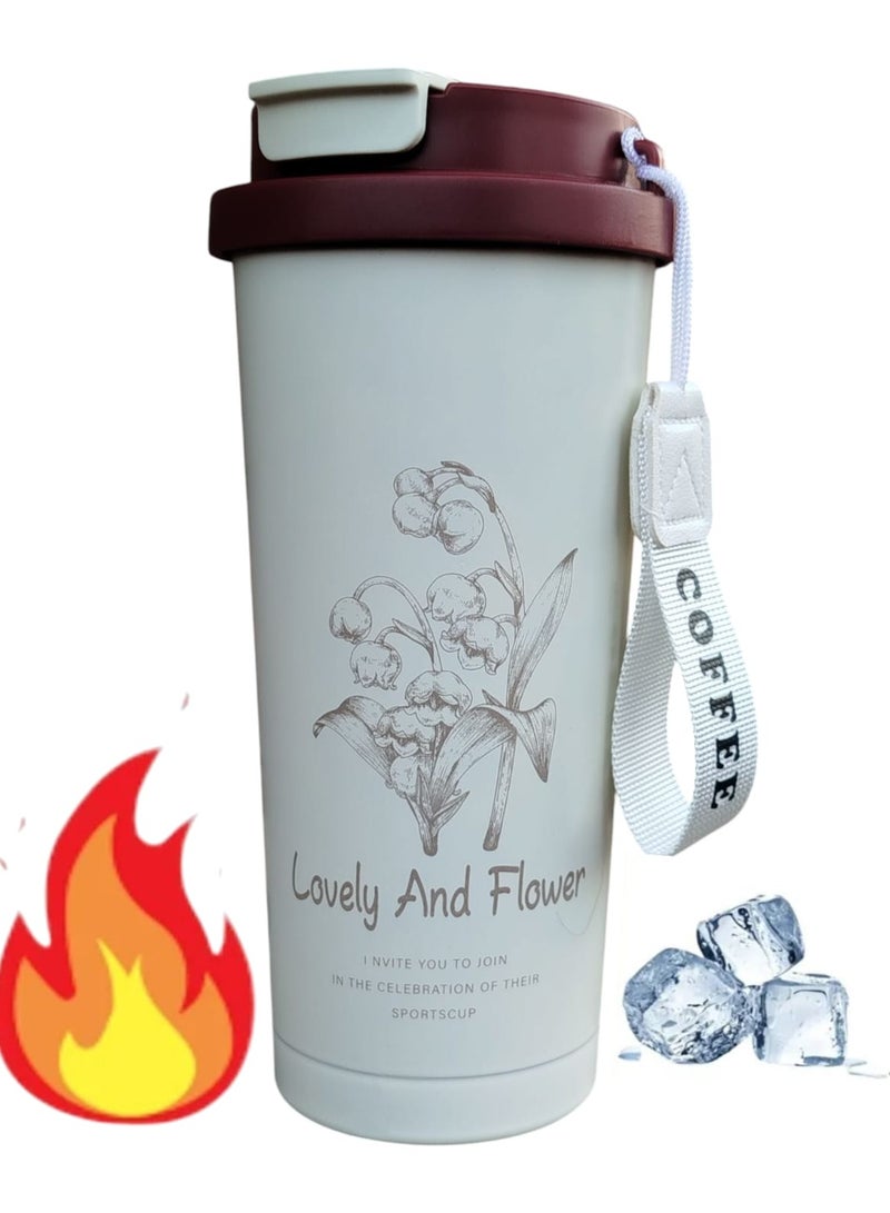 500ml Insulated Coffee Mug with Leak-Proof Lid and Collapsible Straw, High Quality 316 Stainless Steel Reusable Portable Leak-Proof Coffee Cup (Off-White in Red) Sold by Black Fire  - Image 1