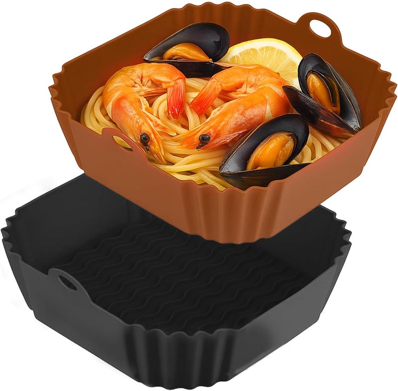 Boribim 9 Inch Large Air Fryer Silicone Liners - 2 PCS Square Reusable AirFryer Basket Liners for 5-8QT Air fryer, Air fryer Accessories for Baking Roasting Microwave (Black + Brown) - Image 1