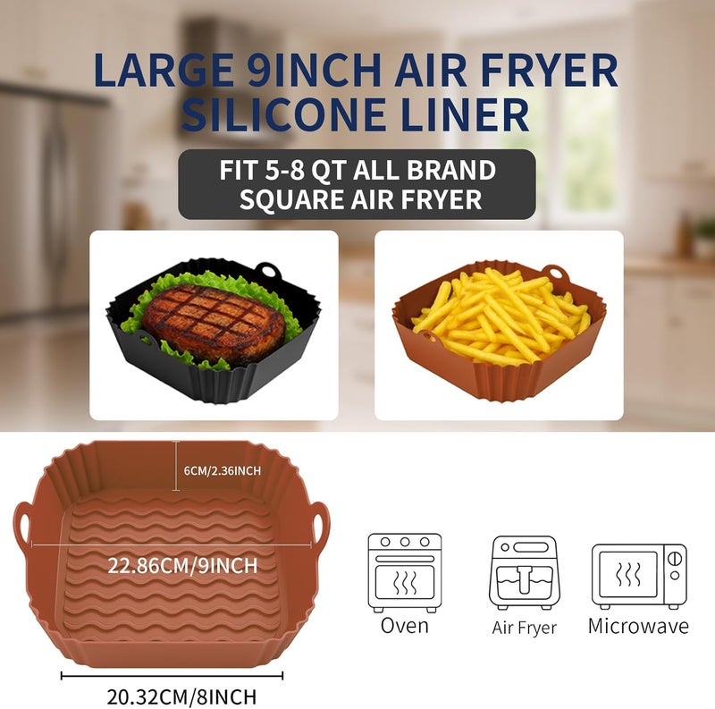 Boribim 9 Inch Large Air Fryer Silicone Liners - 2 PCS Square Reusable AirFryer Basket Liners for 5-8QT Air fryer, Air fryer Accessories for Baking Roasting Microwave (Black + Brown) - Image 2
