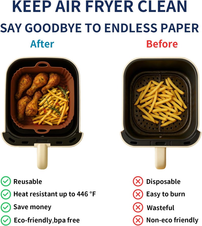 Boribim 9 Inch Large Air Fryer Silicone Liners - 2 PCS Square Reusable AirFryer Basket Liners for 5-8QT Air fryer, Air fryer Accessories for Baking Roasting Microwave (Black + Brown) - Image 4