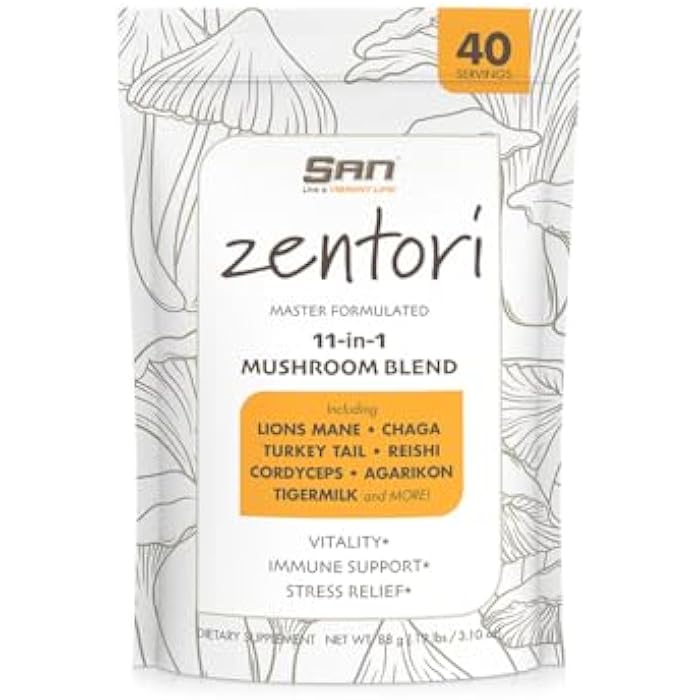 SAN ZENTORI 11-in-1 Mushroom Supplement Powder – Lions Mane, Chaga Turkey Tail, Reishi, Cordyceps, Agarikon, Tigermilk - 40 Servings - Image 1