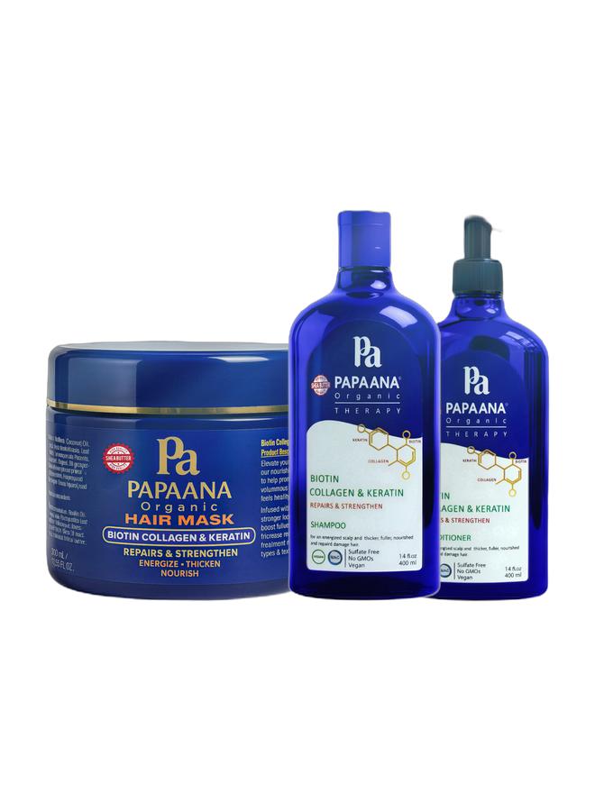 Papaana Organic Biotin Collagen & Keratin Shampoo with Shea Butter – 400ml, Strengthens & Thickens for Fuller, Healthier Hair with Shea Butter & Biotin Collagen & Keratin Conditioner with Shea Butter – 400ml, Strengthens & Thickens for Fuller, Healthier Hair with Shea Butter & Biotin Collagen & Keratin Hair Mask with Shea Butter – 350ml, Strengthens & Restores for Healthier, Fuller Hair with Shea ButterBundle - Image 1