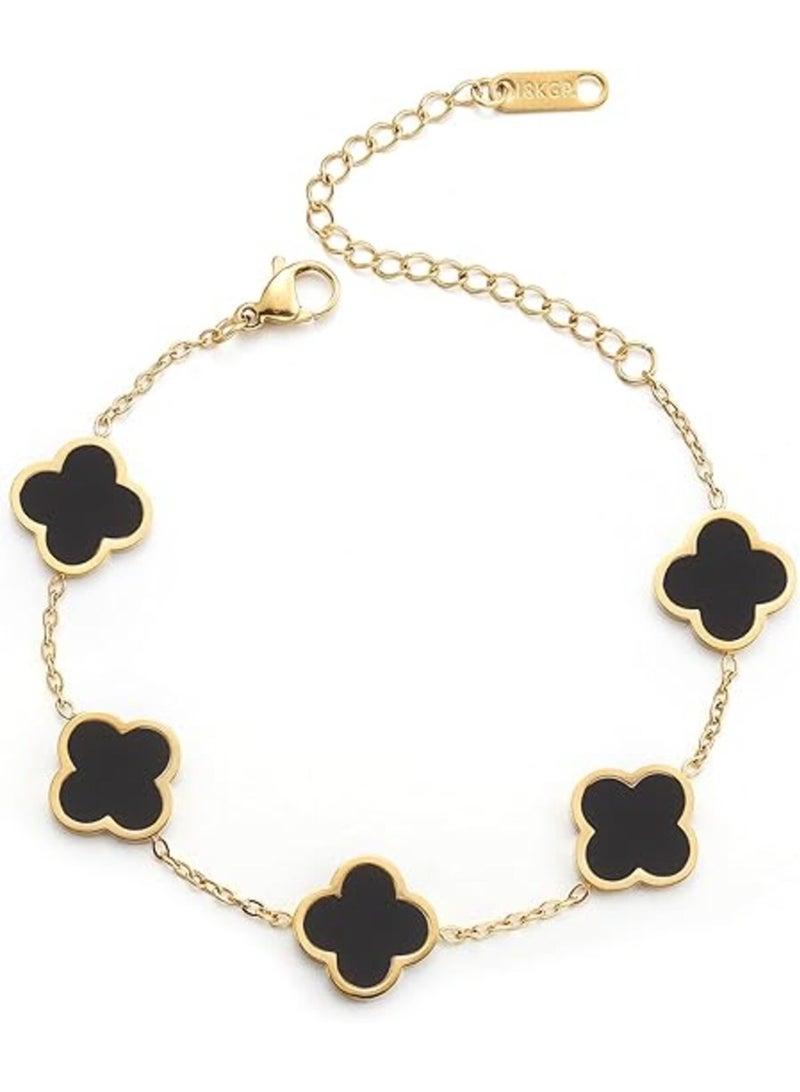 18k Gold Color Plated Clover Chain Bracelet for Women Girls, Adjustable 5 Flowers Fashion Link Chains Cute Bracelet Luxury Four-Leaf Design Lucky Bracelet Jewelry Gift for Her - Image 1