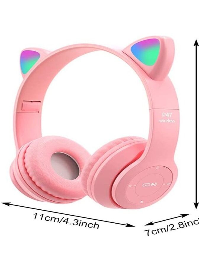 ي47 سماعة رأس لاسلكية للألعاب ، وسماعات أذن بلوتوث 5.0 Cat ، وسماعات أطفال ، وإضاءة LED ، وسماعات رأس بلوتوث فوق الأذن للأطفال والكبار (وردي) - Image 1