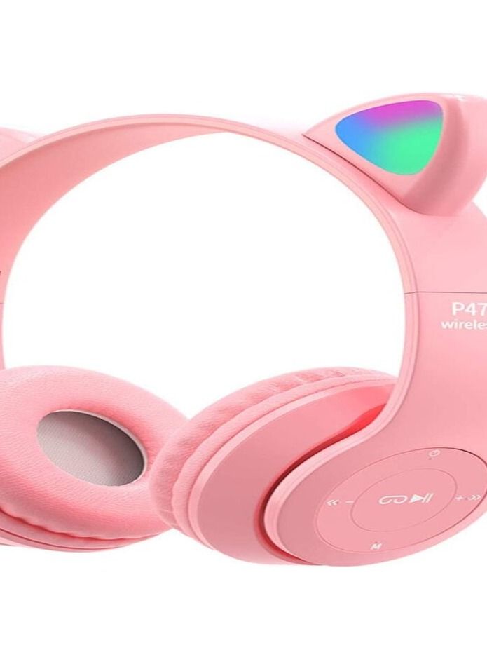 ي47 سماعة رأس لاسلكية للألعاب ، وسماعات أذن بلوتوث 5.0 Cat ، وسماعات أطفال ، وإضاءة LED ، وسماعات رأس بلوتوث فوق الأذن للأطفال والكبار (وردي) - Image 2