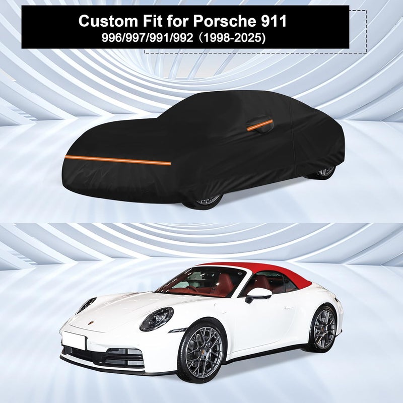 اموكا غطاء سيارة بتصميم مخصص لسيارة Porsche 911 (1998-2025)، مقاوم للماء والشمس، مناسب لجميع الأحوال الجوية، مزود بطبقة قطنية داخلية وسحاب على الأبواب. - Image 2