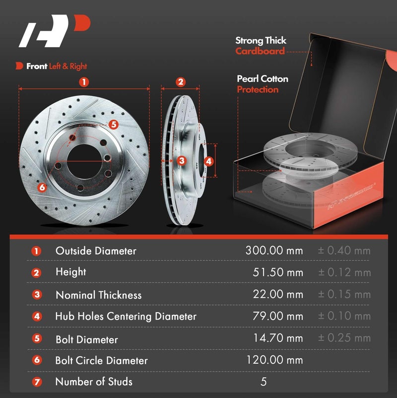 A-Premium A-Premium 11.81 inch (300mm) Front Drilled and Slotted Disc Brake Rotors + Ceramic Pads Kit Compatible with Select BMW models - 323Ci/323i 2000, 325Ci, 325i, 325xi, 328Ci, 328i, Z3, Z4 6-PC Set  - Image 2